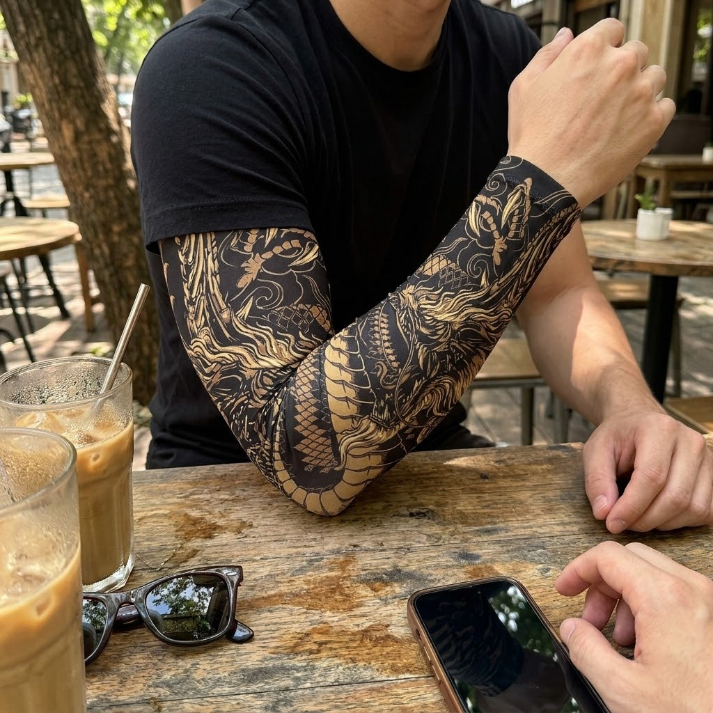 Man wearing cooling arm sleeves while cycling