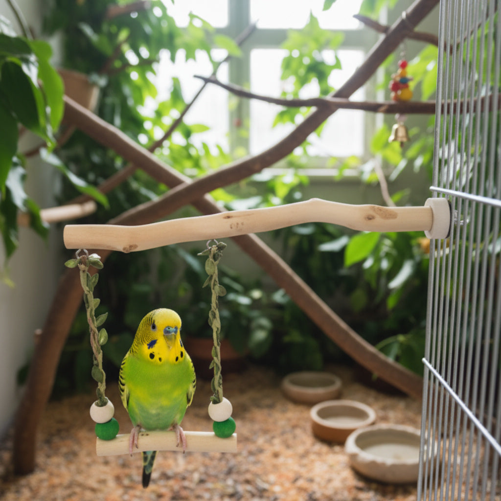Close-up of the durable natural wood bird swing gift