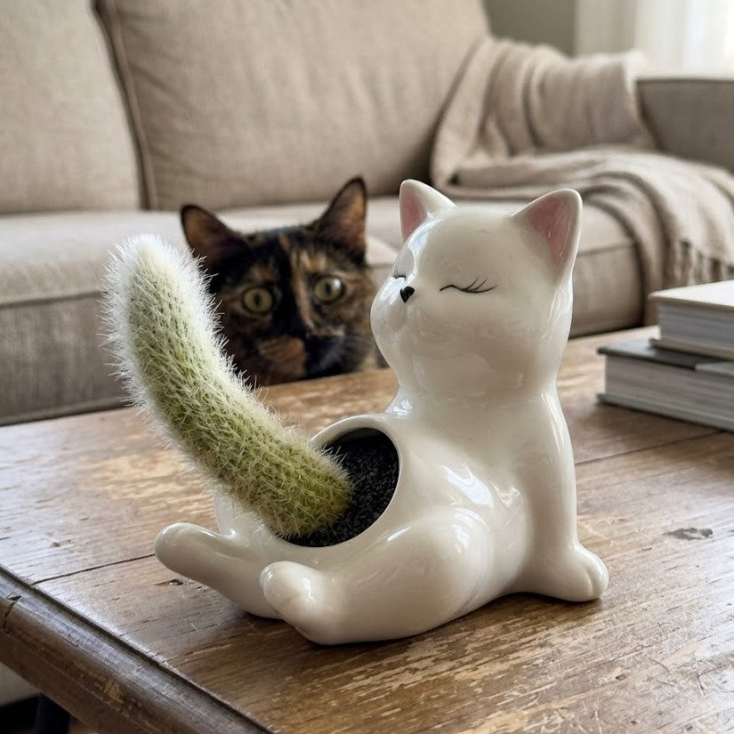 Unique Naughty Cat Ceramic Cactus Planter gift idea on a wooden surface