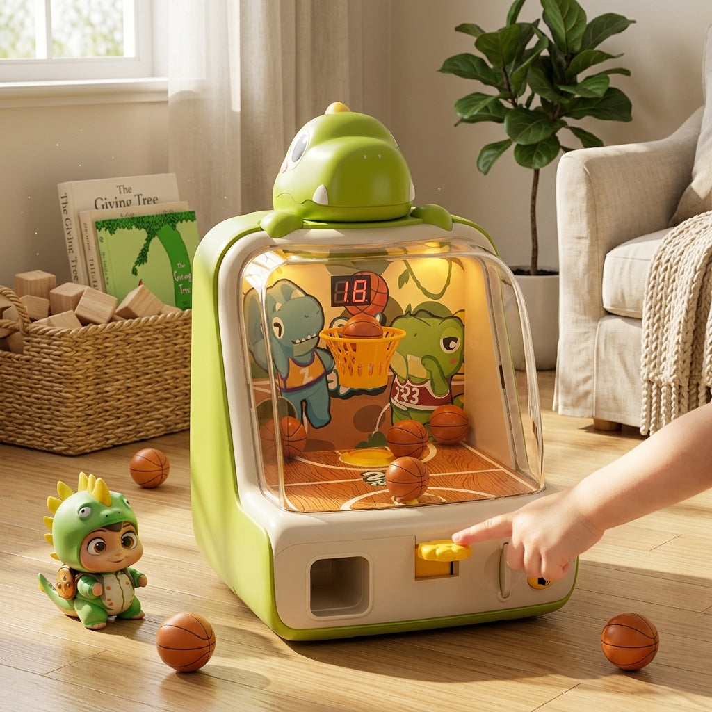Close-up of the easy one-button shooting mechanism on the mini basketball game