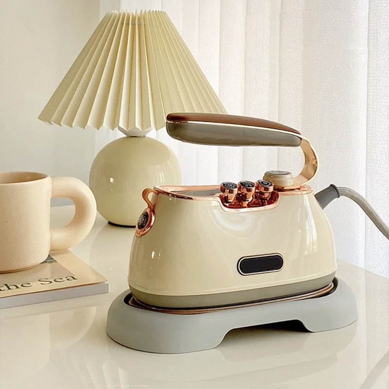 Close-up of the retro portable handheld steam iron's powerful steam output