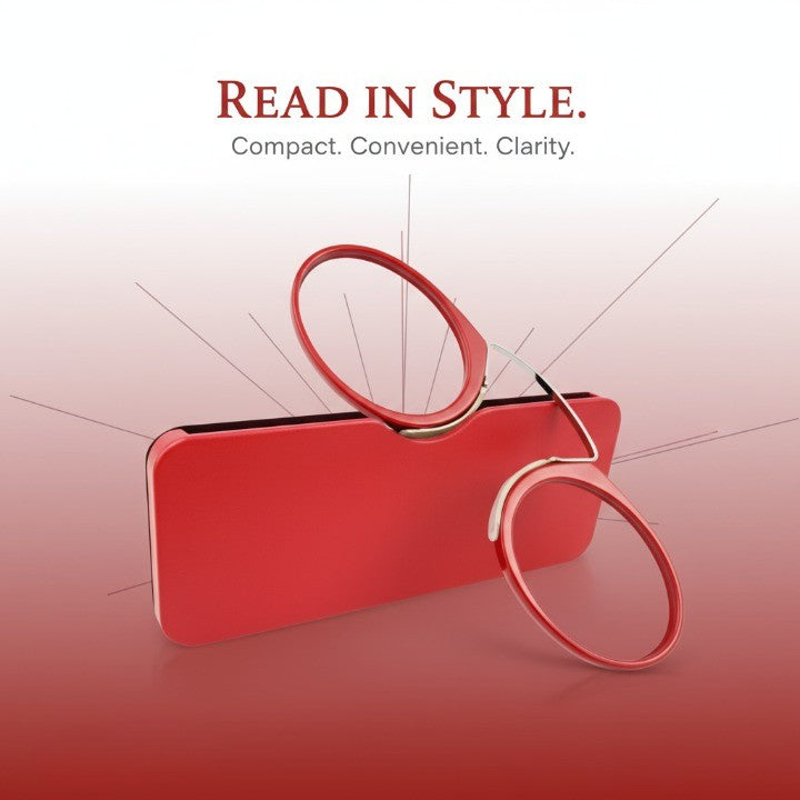 Ultra Thin Portable Reading Glasses being held to show their slim profile
