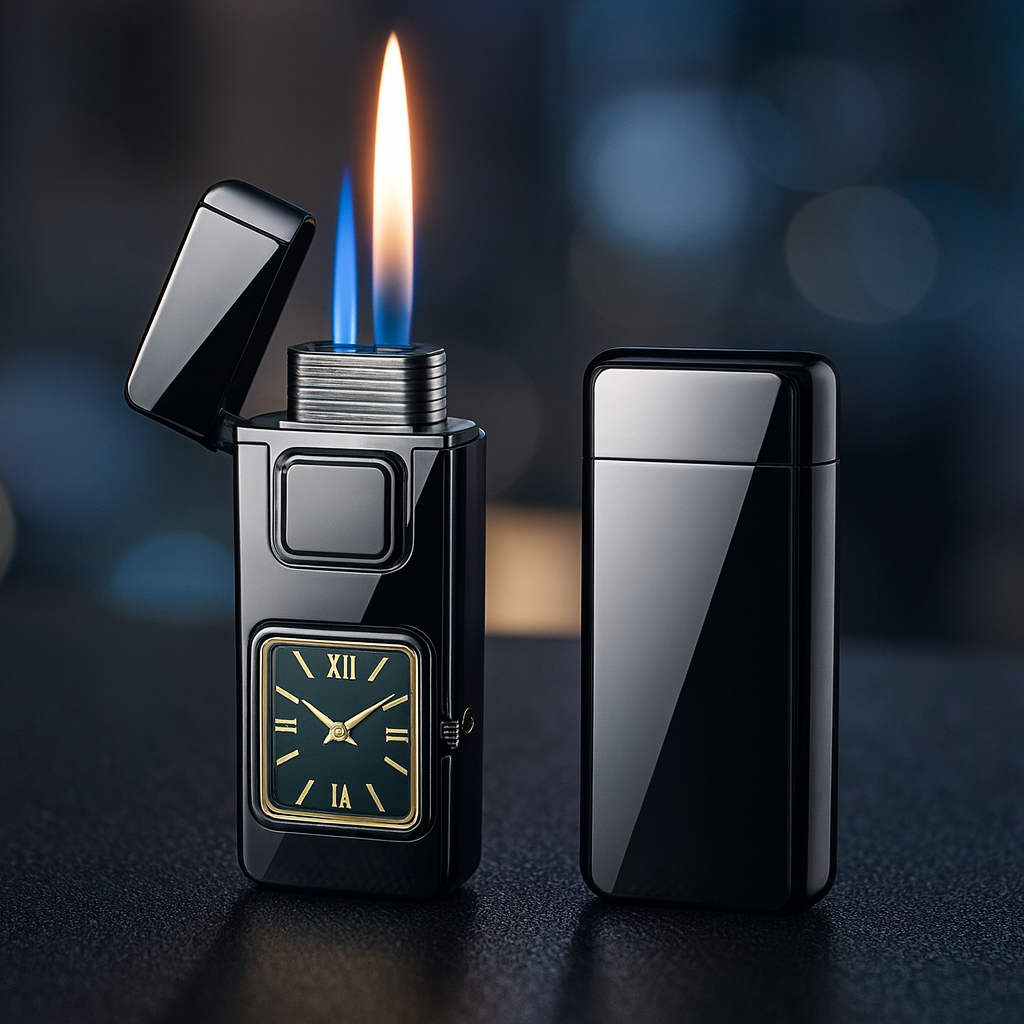 One-Press Ignite Classic Dual-Flame Lighter with built-in clock