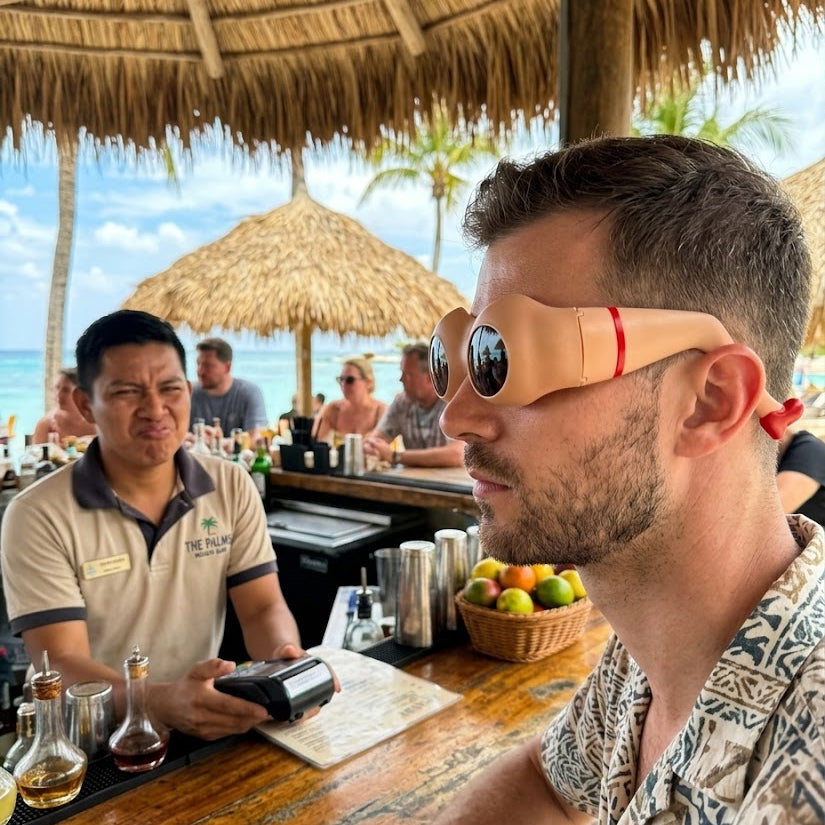 Man happily wearing the funny party sunglasses outdoors