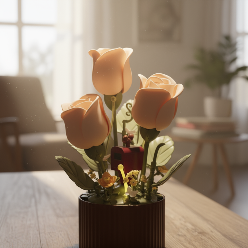 The interactive flower lamp adding a romantic atmosphere to a bedroom
