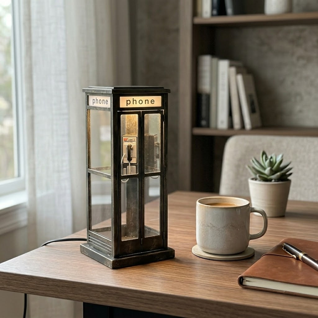 Retro Telephone Booth Table Lamp glowing on a wooden surface