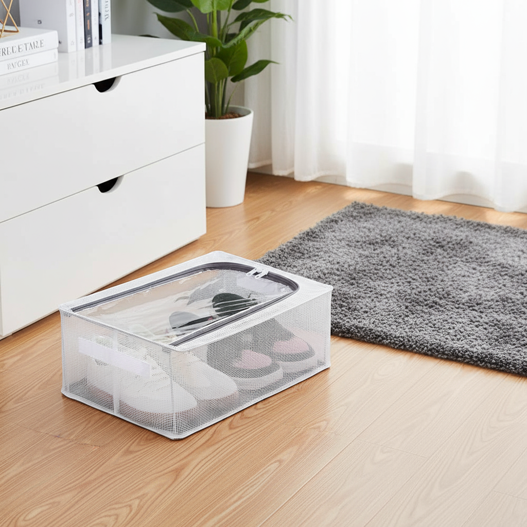 Transparent shoe boxes neatly stacked in a closet
