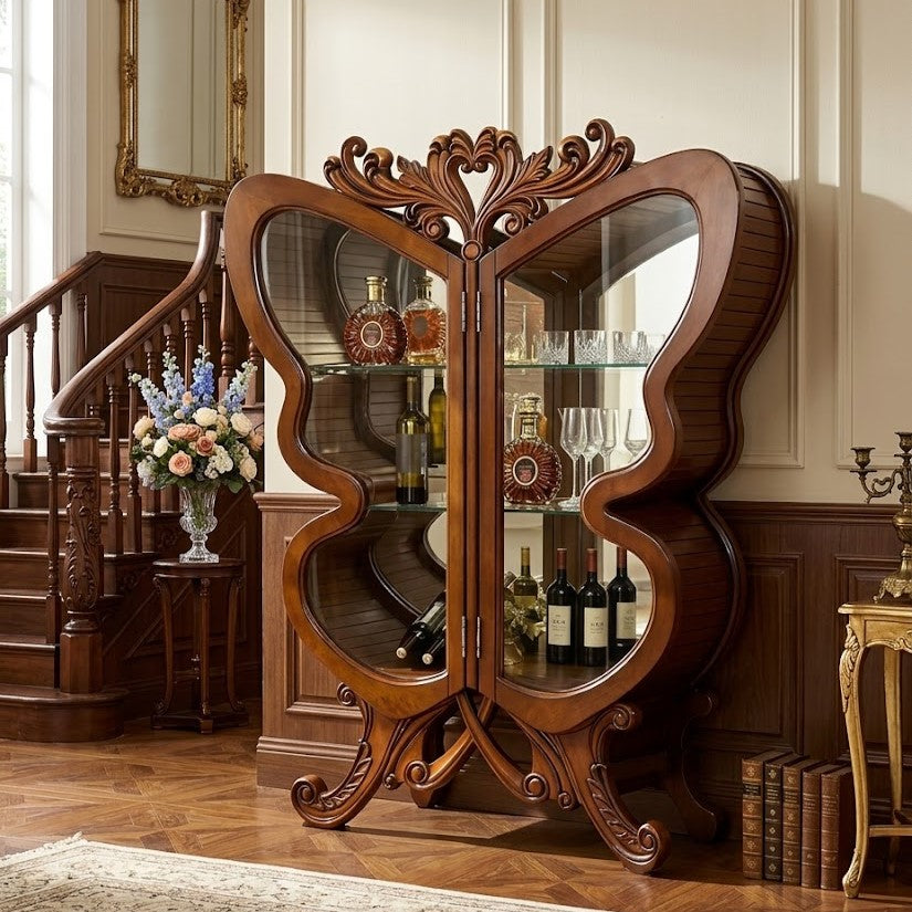 Close-up of the wooden frame and glass doors on the wine cabinet