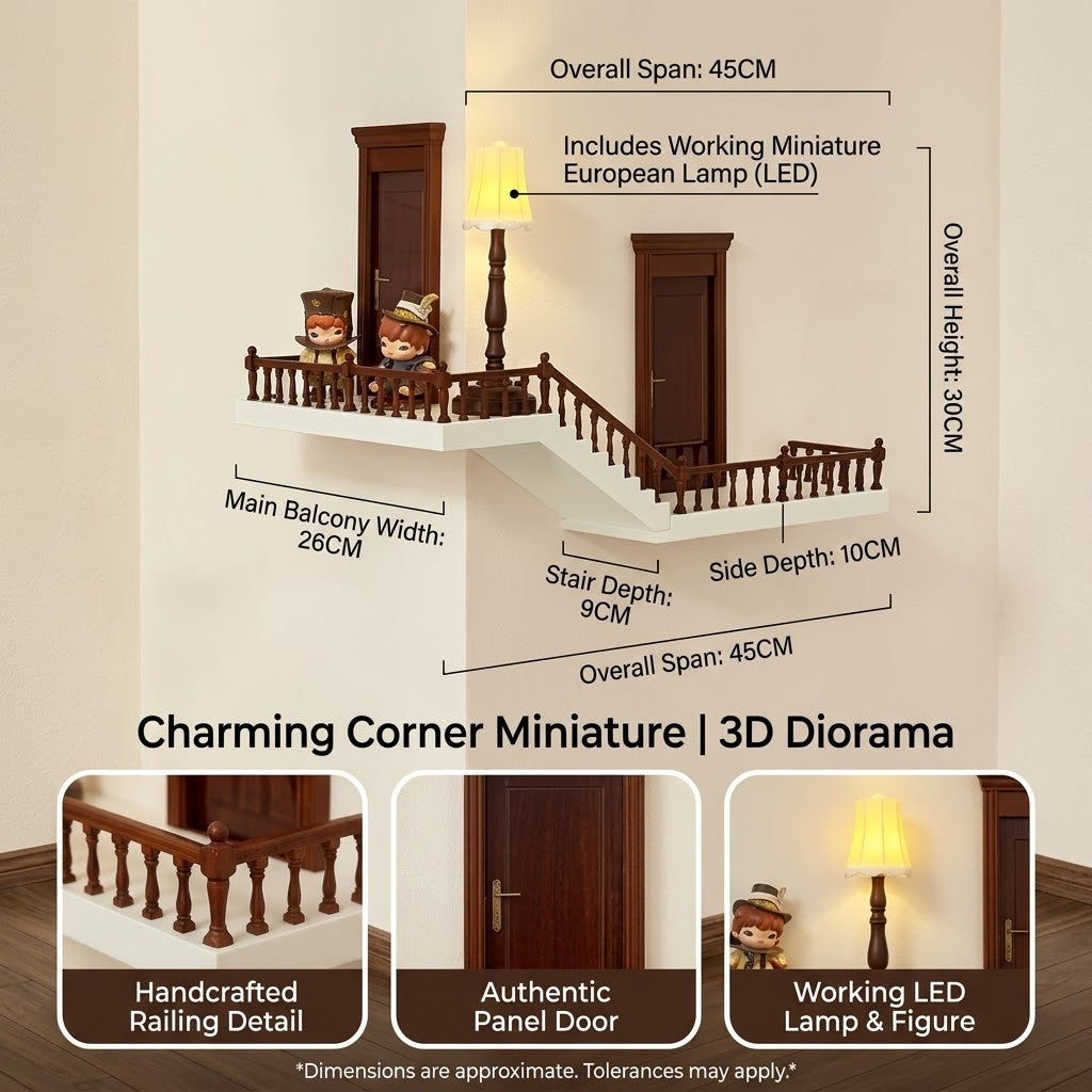 Detailed view of the wooden railings and staircase on the corner shelf