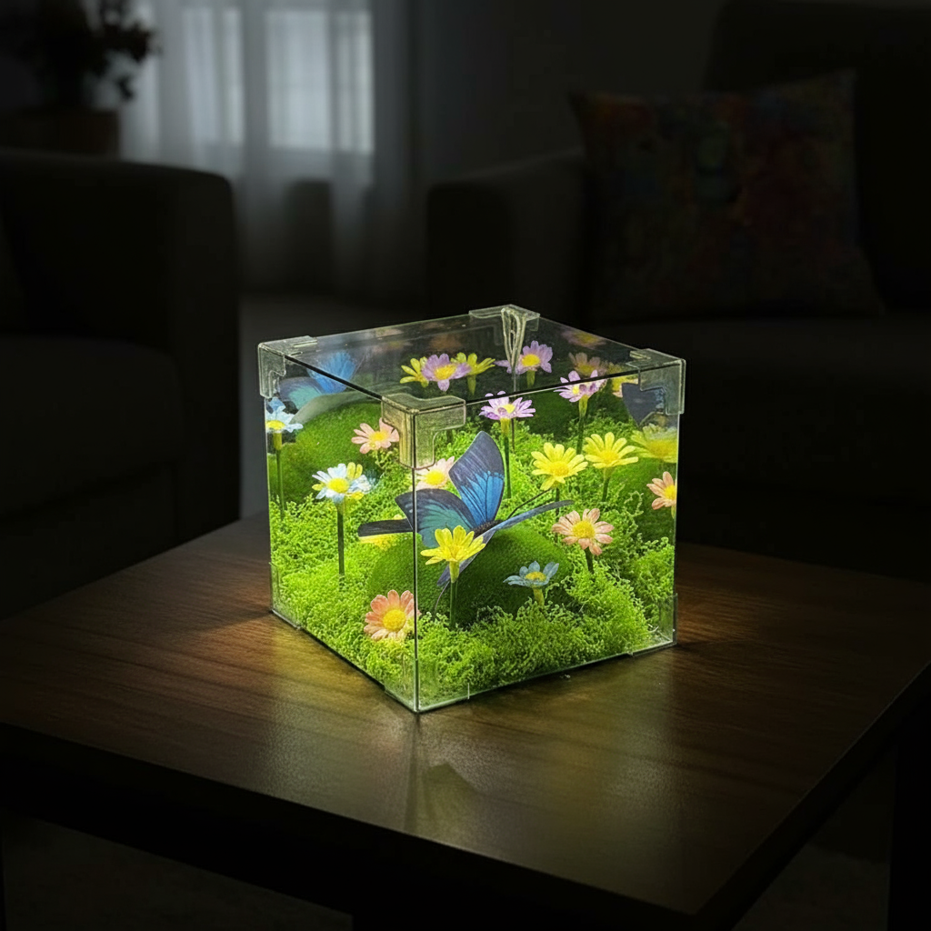 Lifestyle present showing the butterfly cube in a living room setting