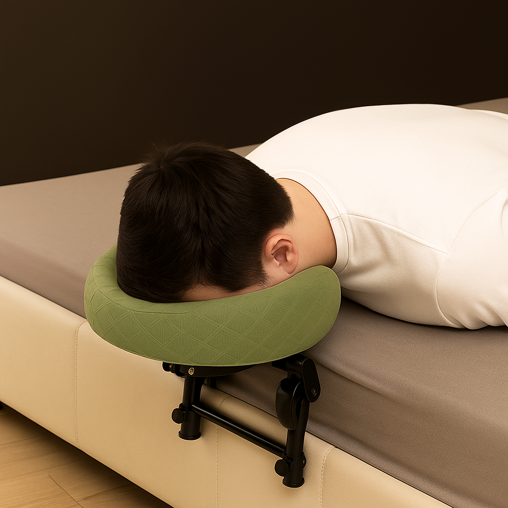 Bed-Mounted Ergonomic Home Massage Face Bracket attached to a bed for comfort