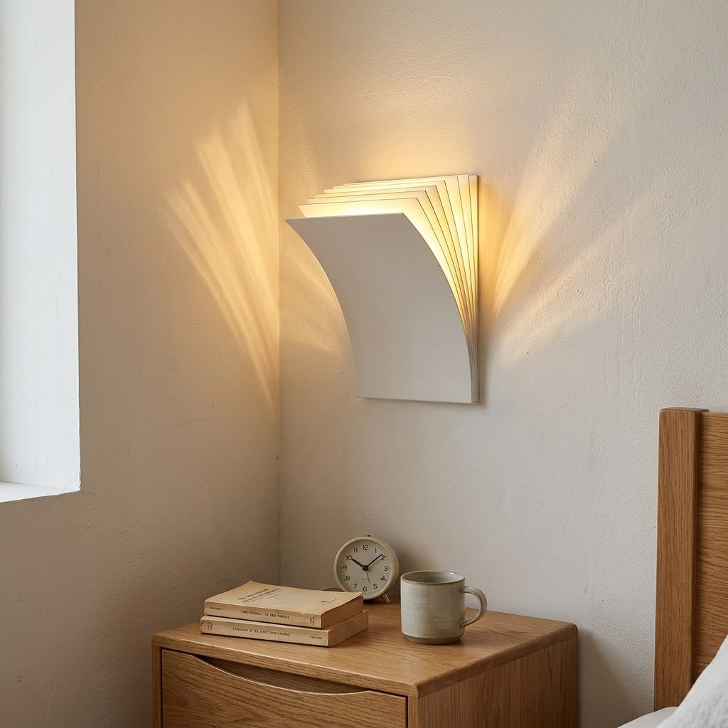 The white version of the Open Book Sconce on a wall