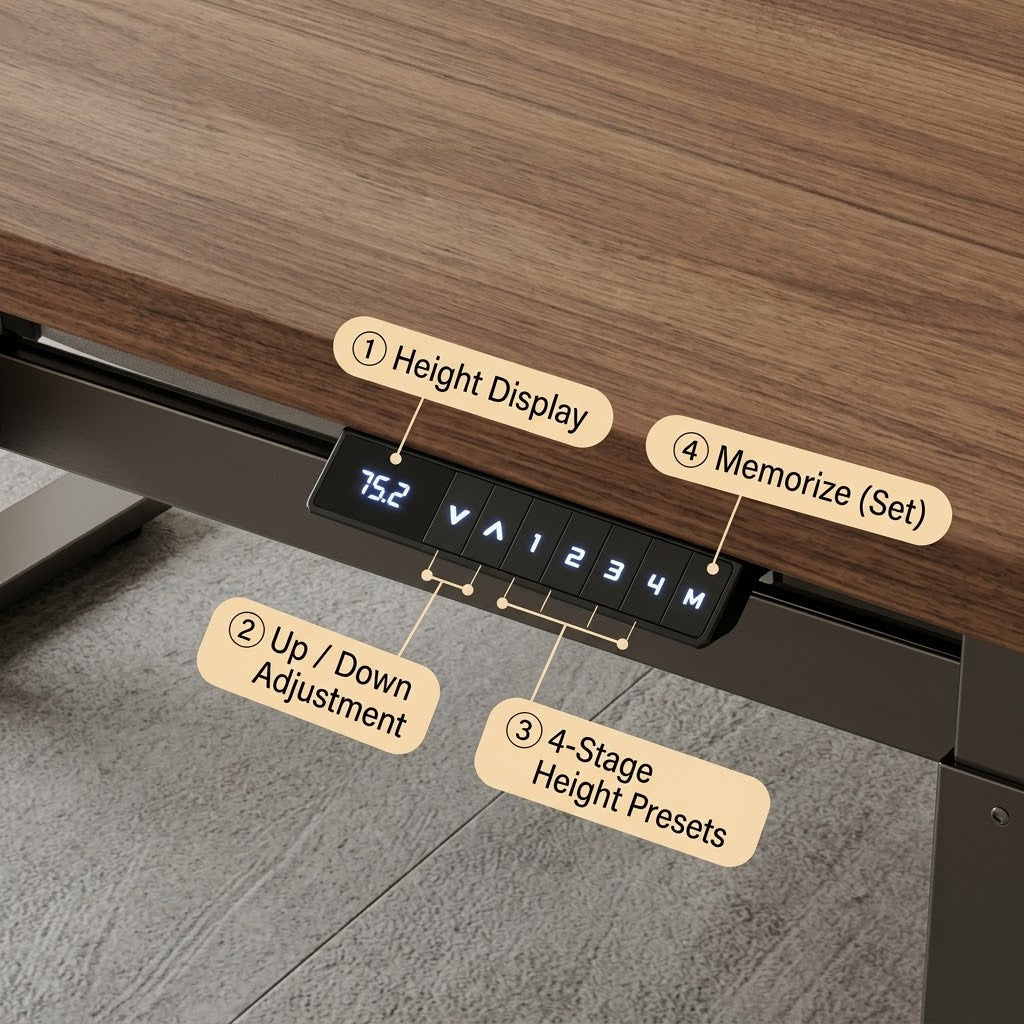 Detailed view of the solid wood veneer tabletop of the adjustable desk.