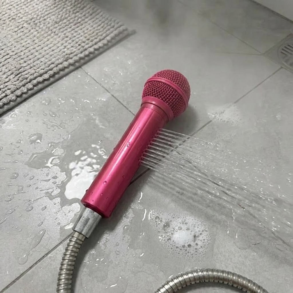 A person using the karaoke microphone shower head to rinse their hair
