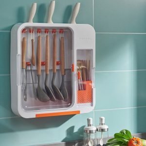 Dustproof wall-mounted silverware and kitchen tool storage box with hooks