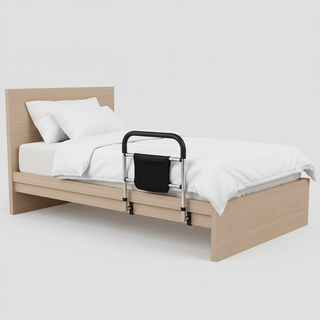 Close-up of the bed safety rail's sturdy stainless steel construction
