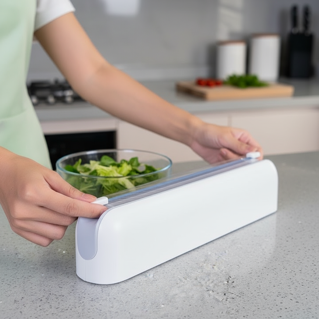 Close-up view of the white Kitchen Film Cutter Storage Dispenser Box