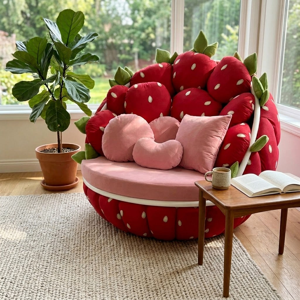 Detailed view of the plush fabric on the strawberry lounge chair