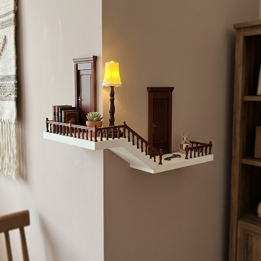Lifestyle view of the Dream Stairway shelf installed in a room corner