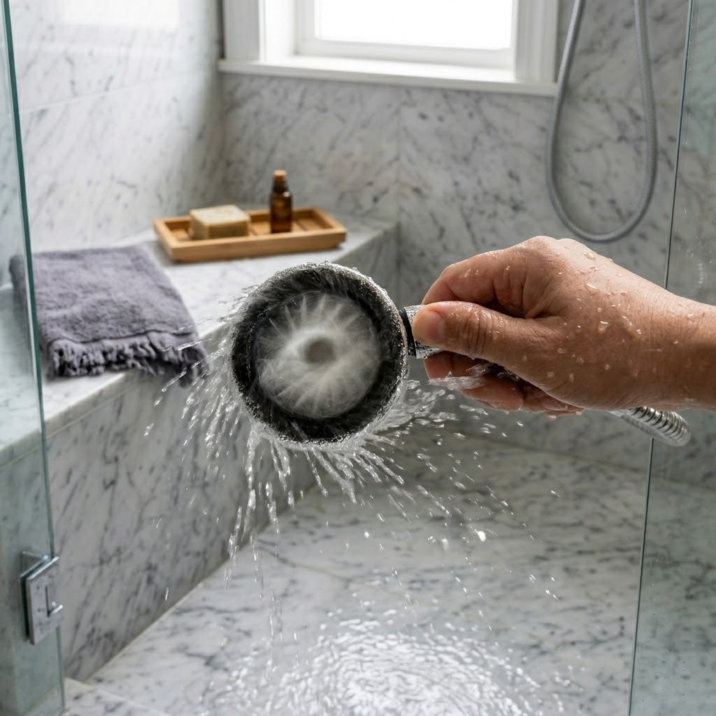 Close-up of the high-pressure spiral nozzles on the JetScrub shower head