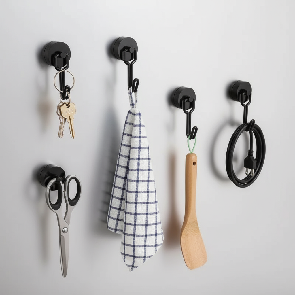 Heavy duty magnetic wall hook clinging to a metal surface in a workshop