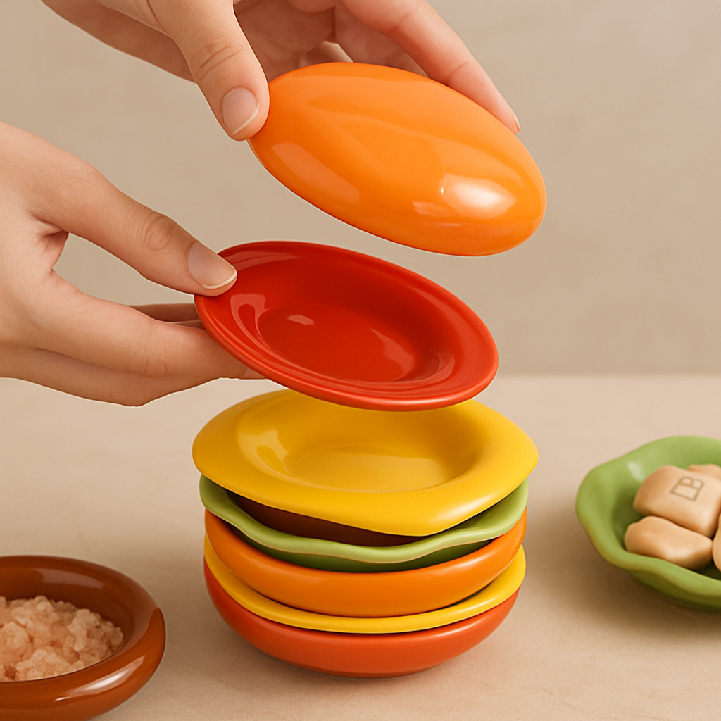 Stackable Hamburger Plate Set unstacked with various snacks and dips