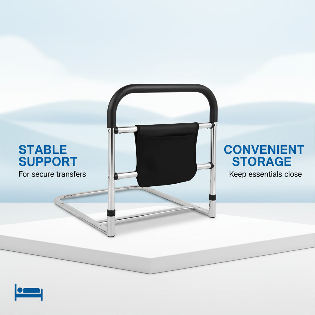 Compact and practical design of the senior bed support rail in a bedroom