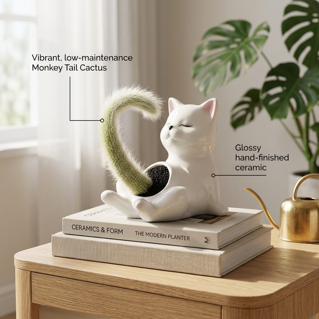 Naughty Cat Ceramic Planter on a modern desk