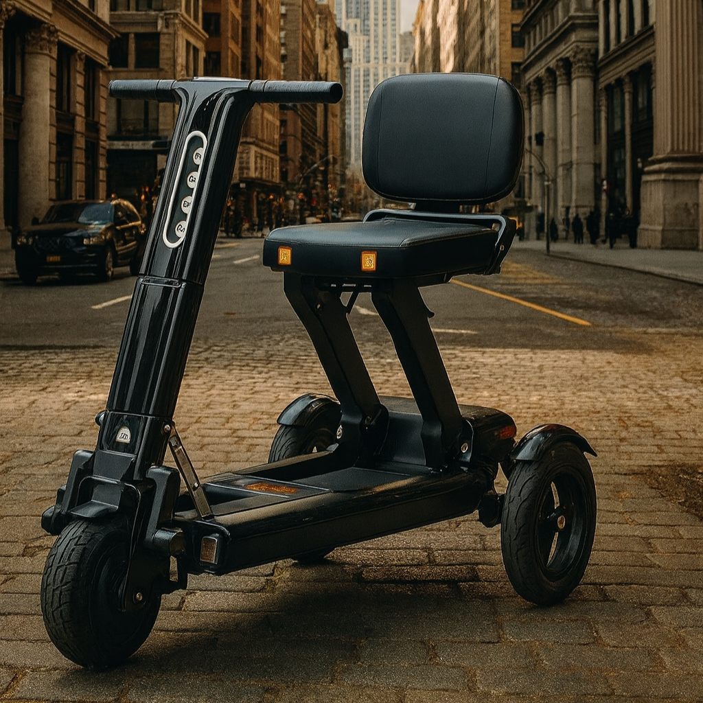 Compact folded electric scooter ready for travel