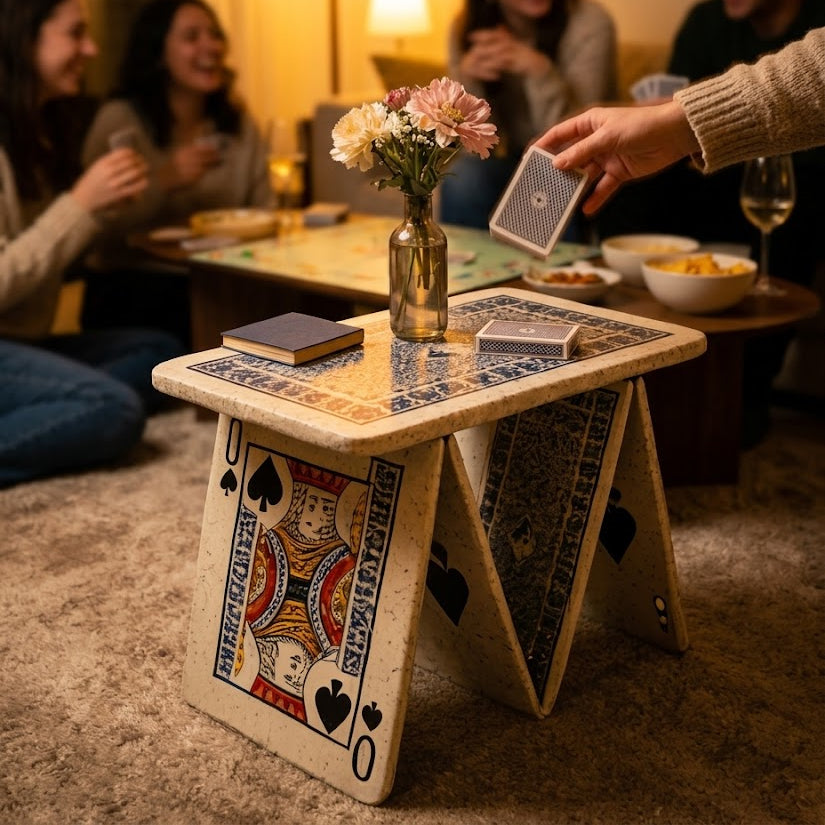 Close-up detail of the sculptural playing cards base