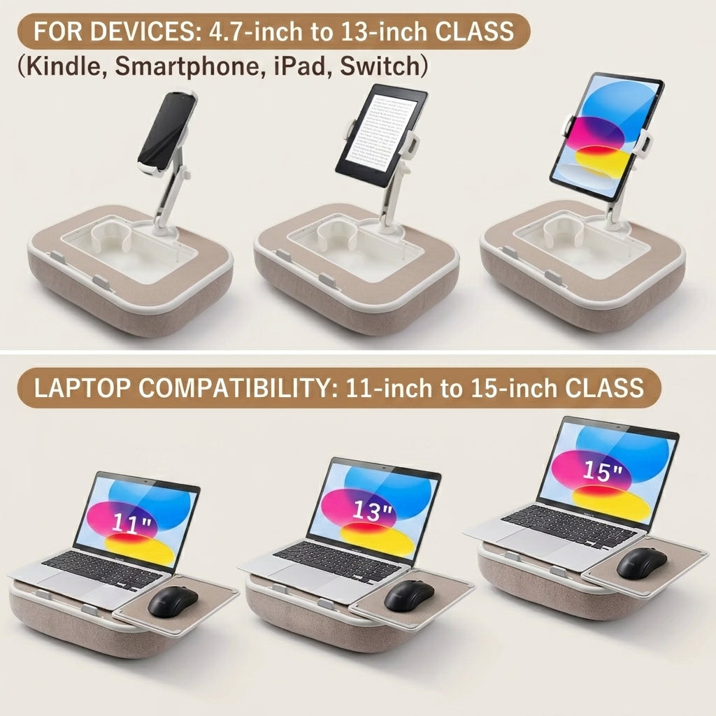 Detailed shot showing the adjustability of the pillow desk for various devices