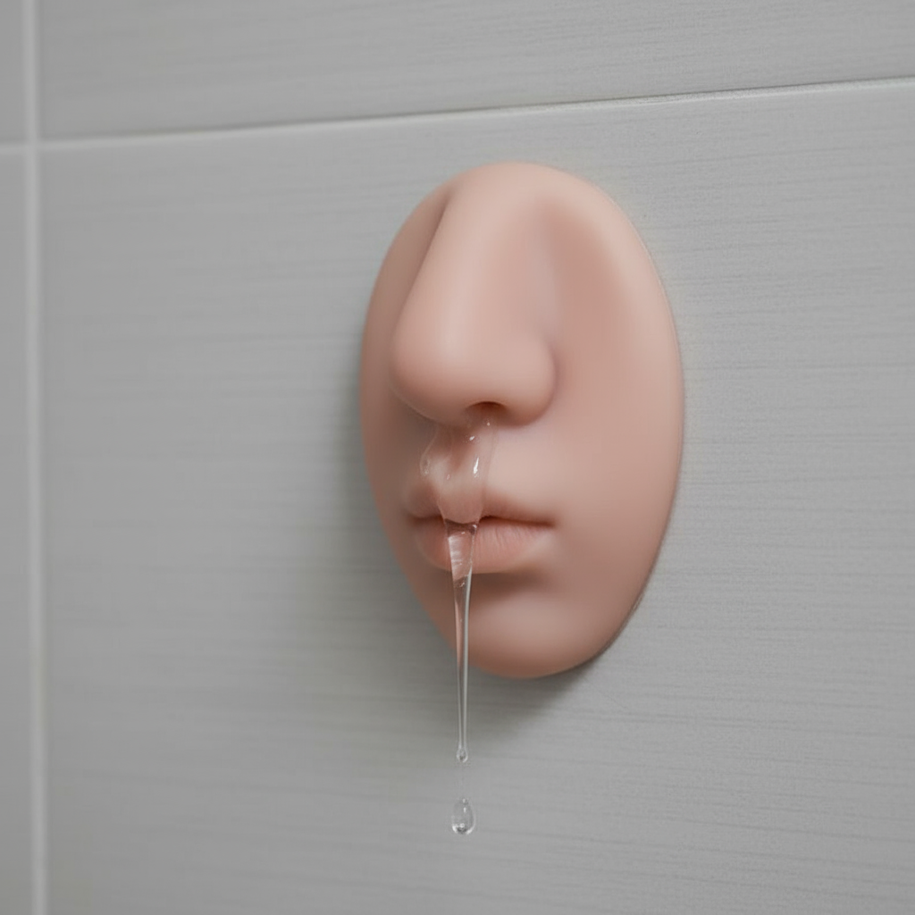 The nose soap dispenser filled with green liquid soap for a funny effect