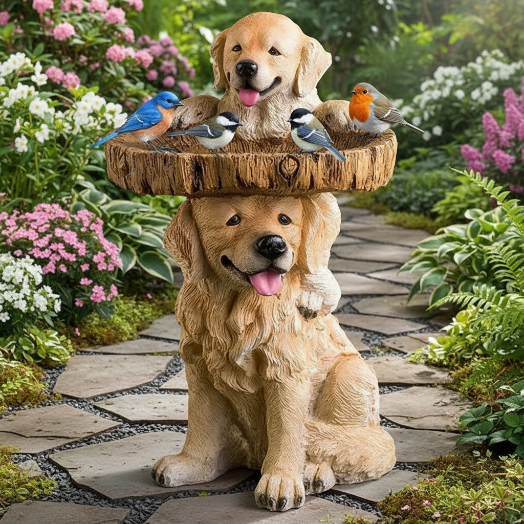 Adorable Golden Retriever Puppy Bird Bath Garden Statue holding a bowl