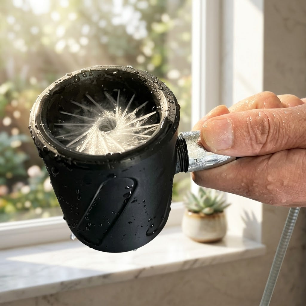 A unique gift idea the JetScrub Deep-Wash Pressure Boost Shower Head held in hand