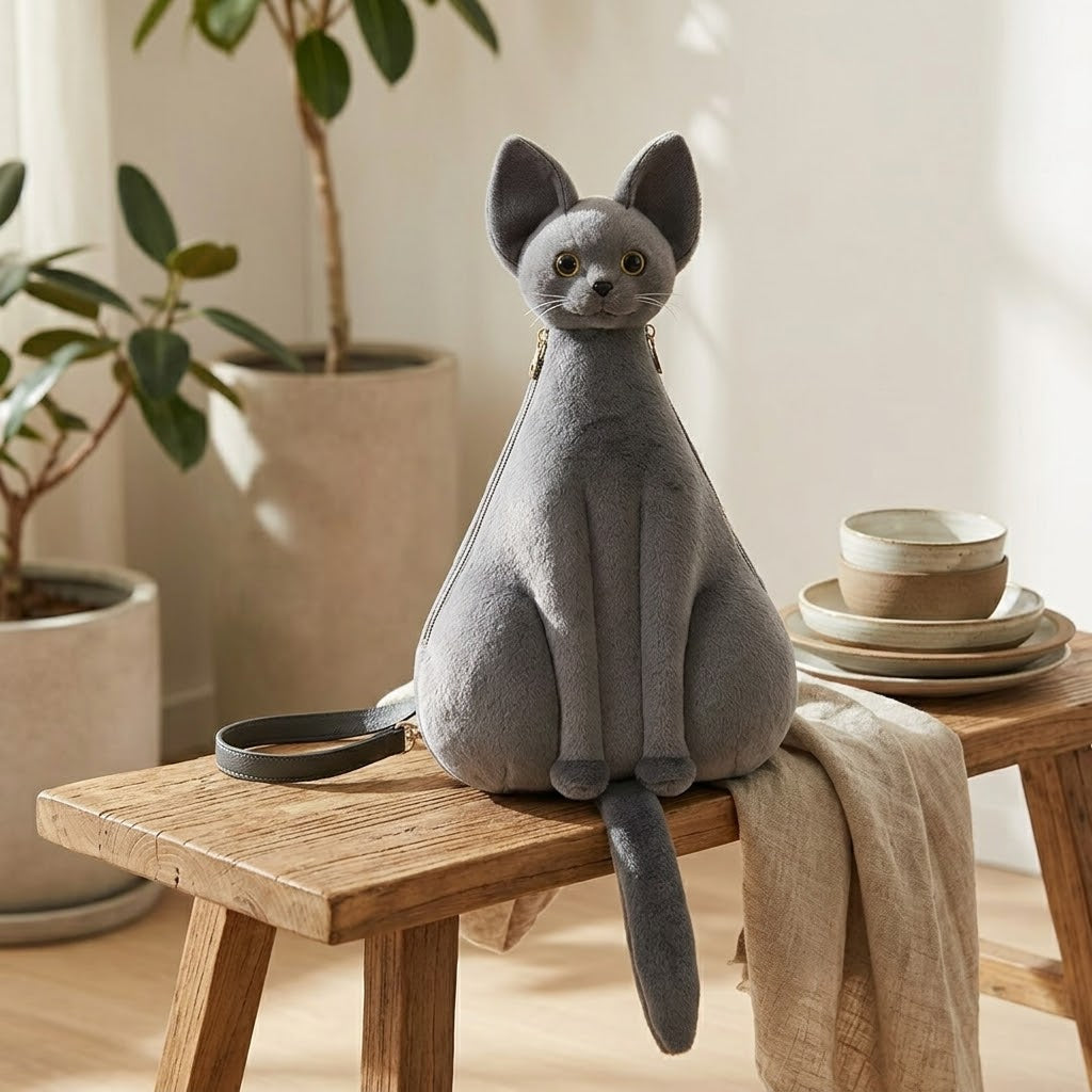 Side profile of the sculpted cat backpack showing its unique shape and tail