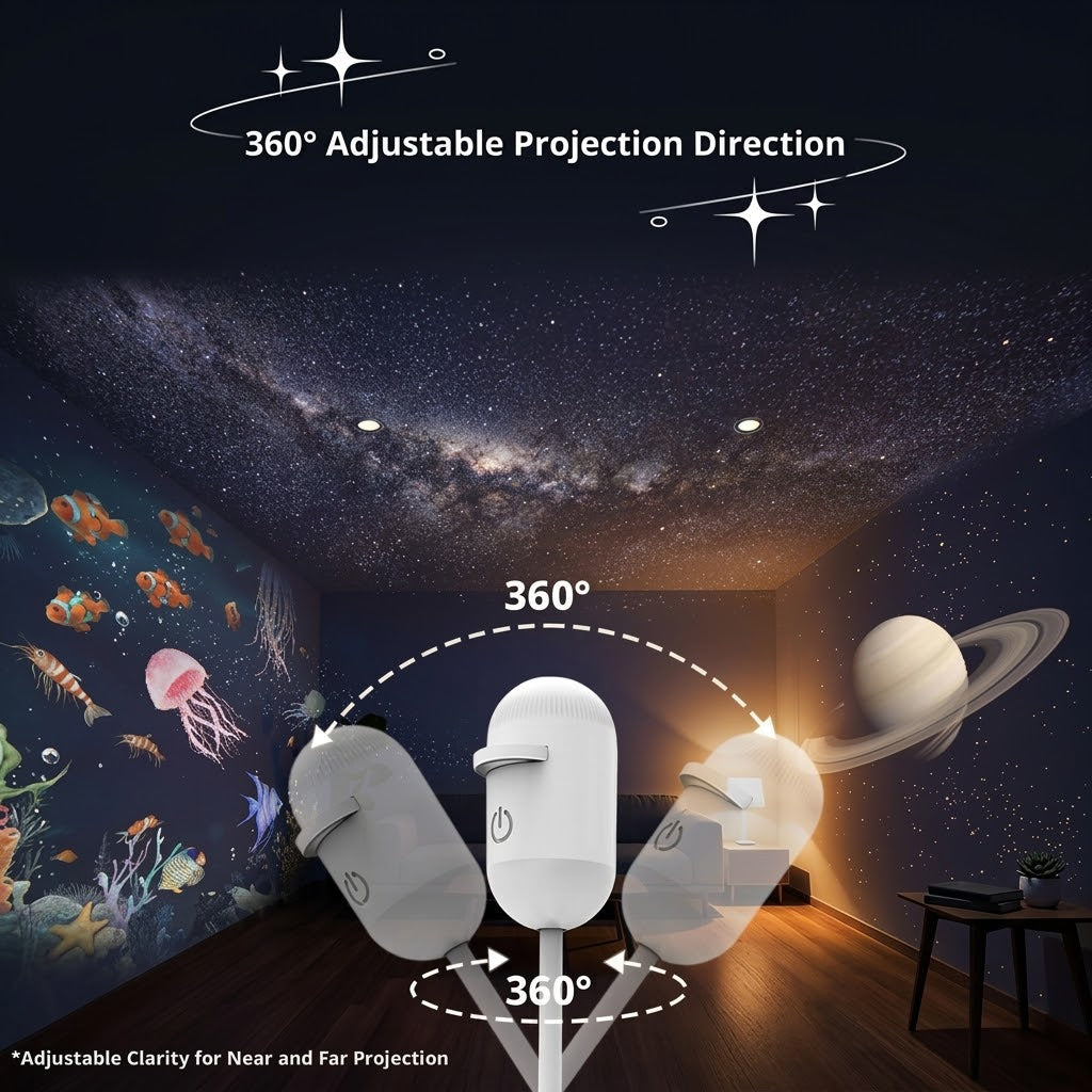 Child looking at the starry projection from the night light on the ceiling