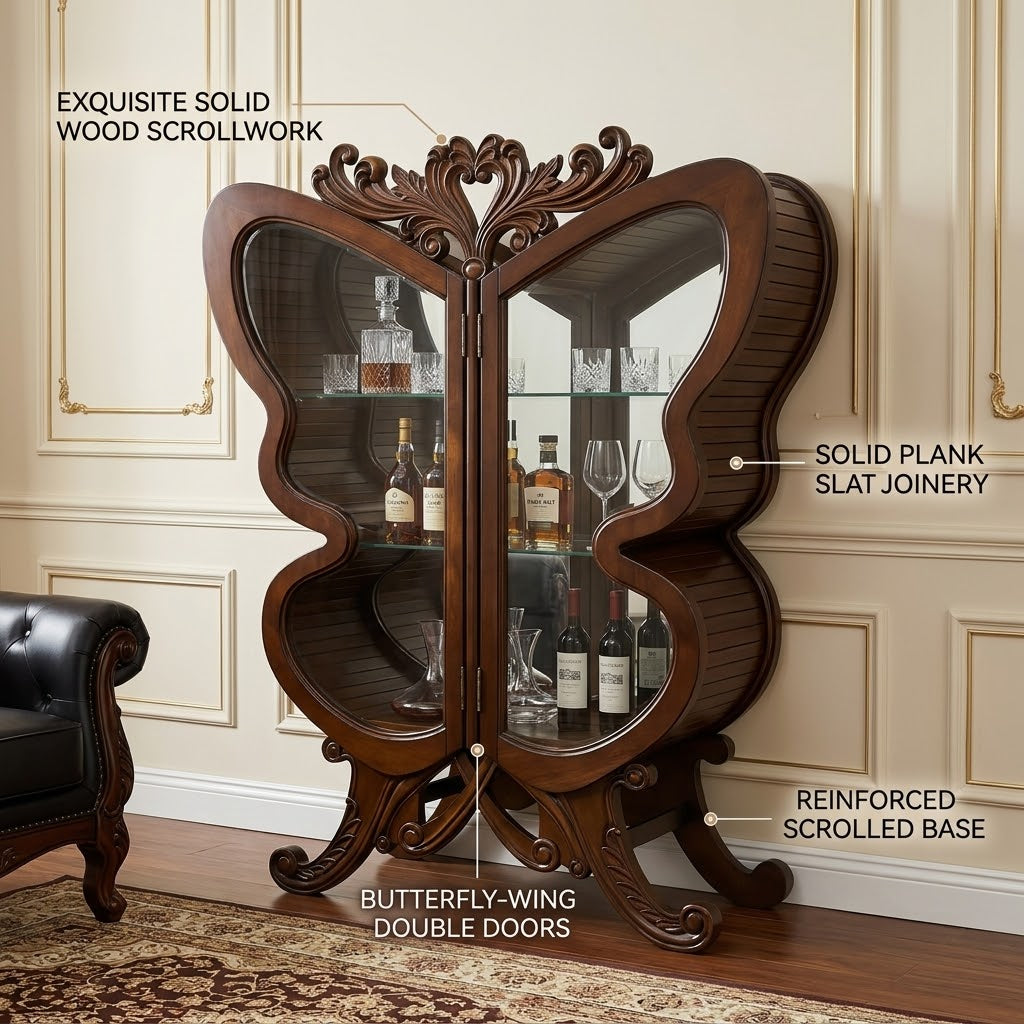 Elegant Butterfly Wing Wooden Wine Cabinet as a room centerpiece