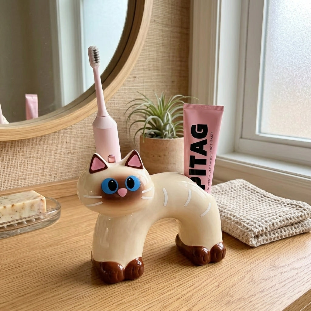 Sassy Cat Ceramic Toothbrush Holder organizing a bathroom sink