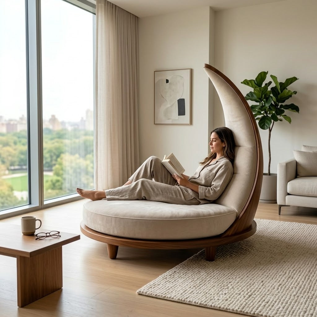 Oversized lounging space of the moon-inspired chair for ultimate comfort