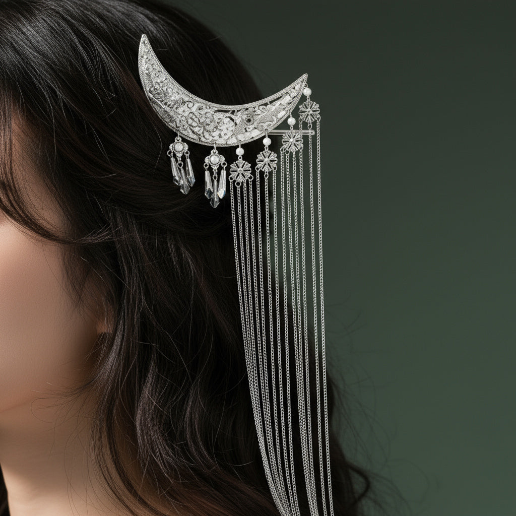 Mystical Moon Shape Hair Clip styled elegantly in long hair