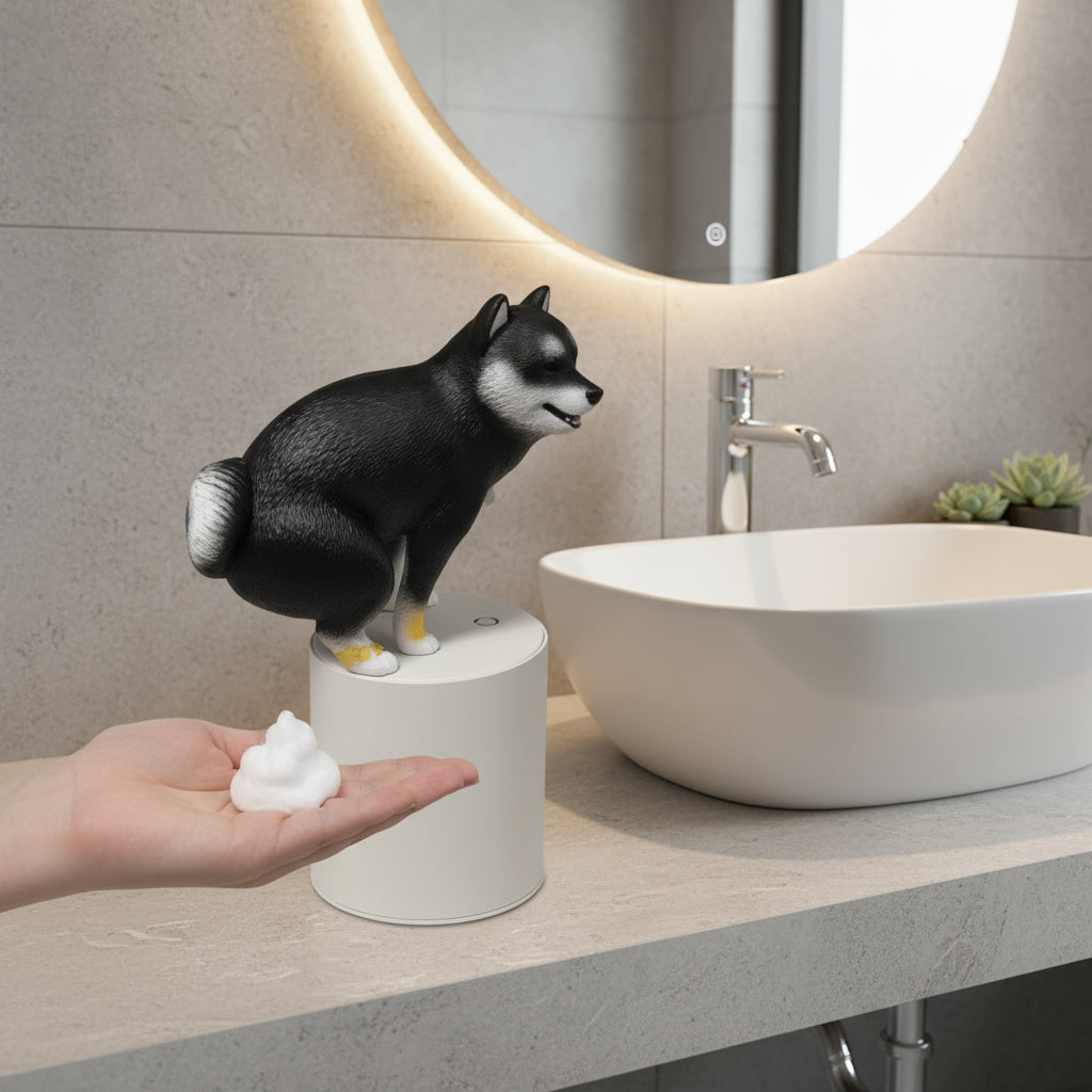 Playful Puppy Potty Touchless Soap Dispenser sitting on a bathroom counter