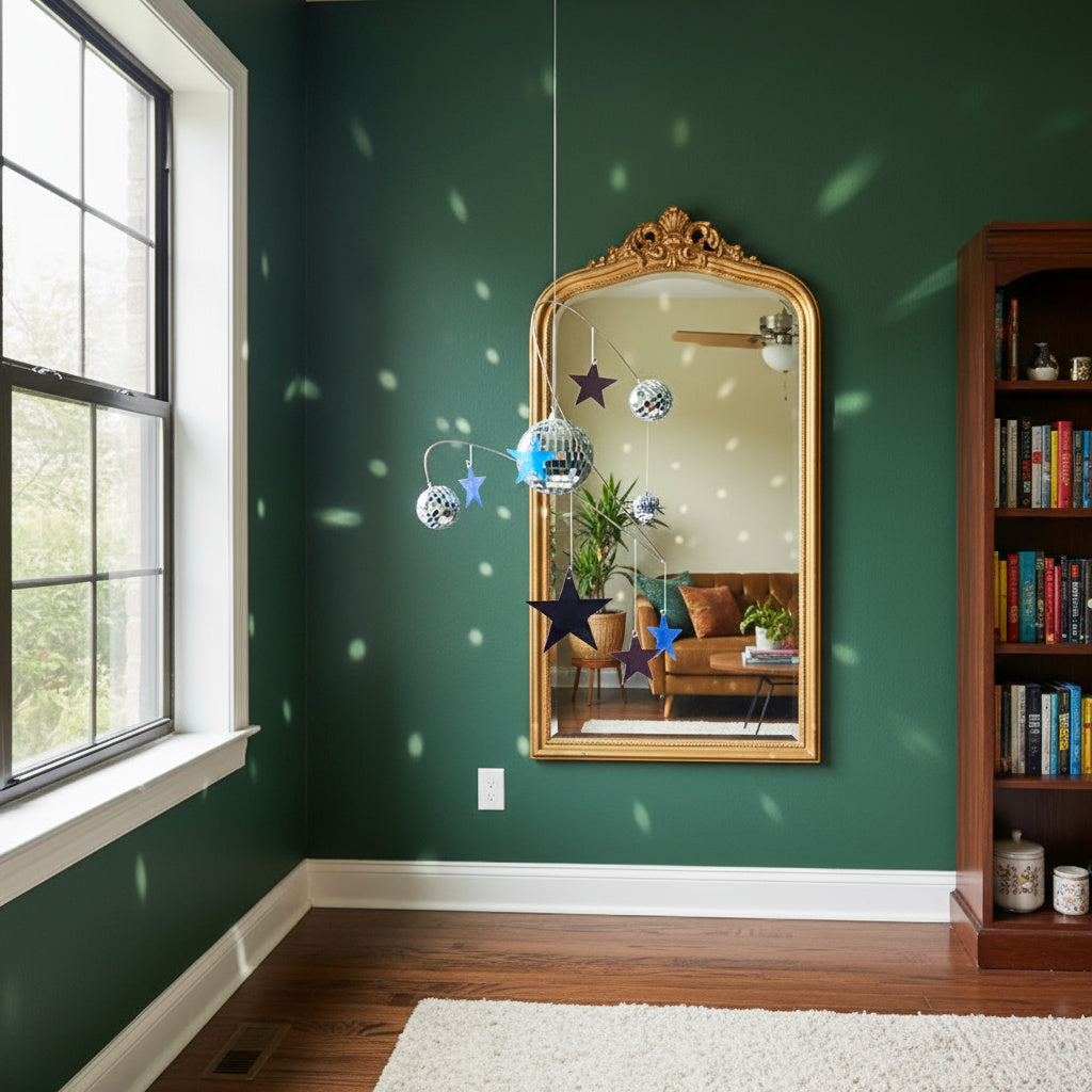 Close-up of the shimmering planet orbs on the cosmic-themed wind chime