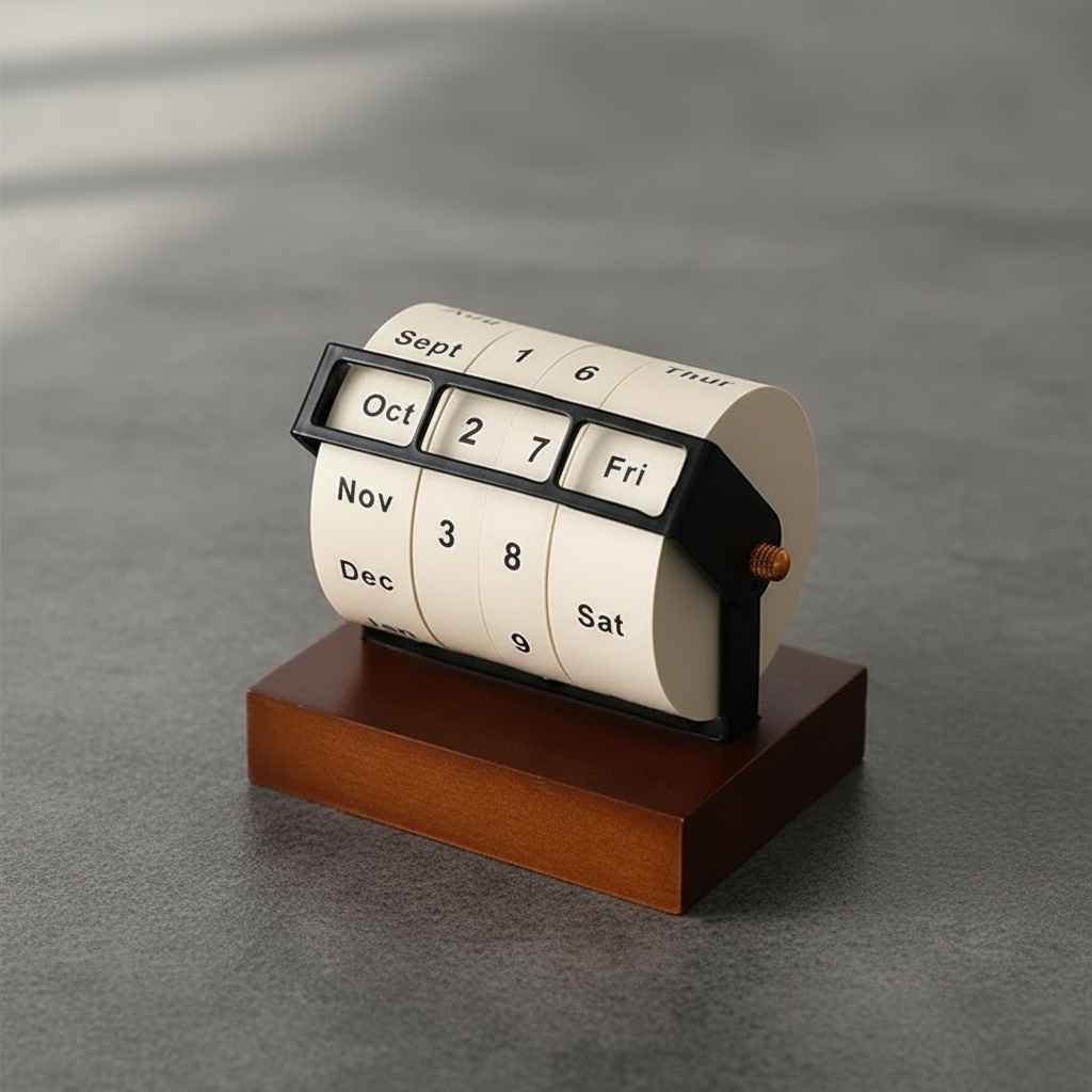A detailed view of the elegant wooden finish of the perpetual desk calendar