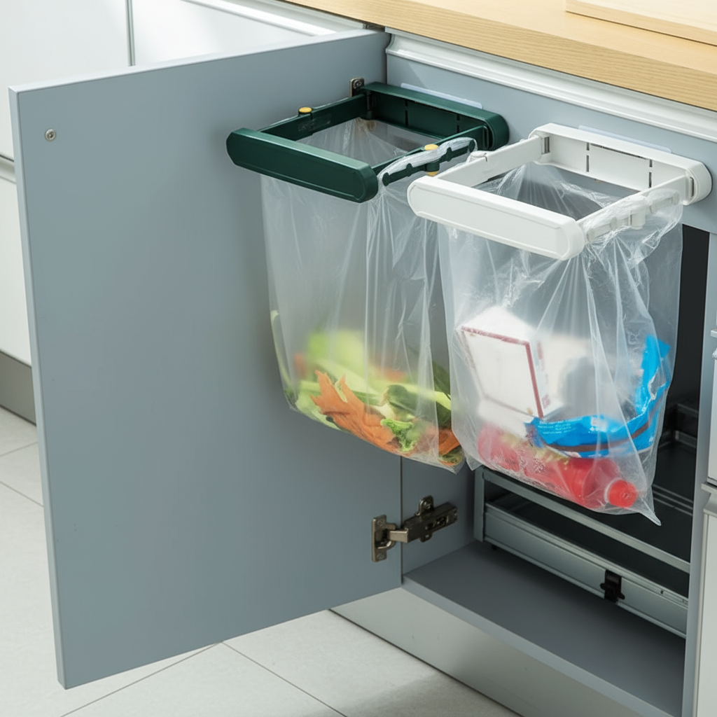 Lifestyle shot of the Clip-On Kitchen Mini Hanging Trash Bag in a modern kitchen setting