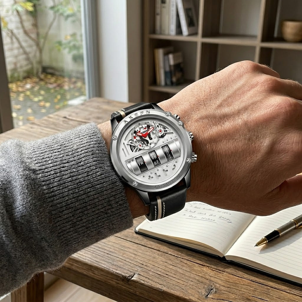 Side view of the Time Capsule watch showcasing its thickness and design