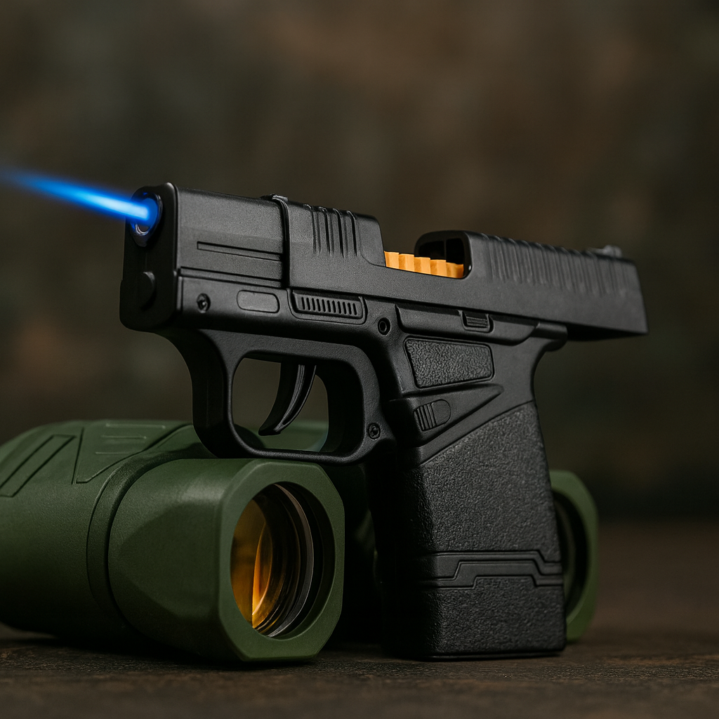 Tactical Gun Shape Jet Flame Lighter held in hand showing its compact design