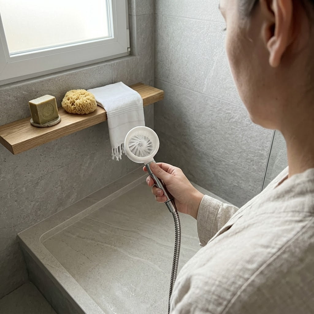 Hand holding the compact and solid JetScrub pressure boost shower head