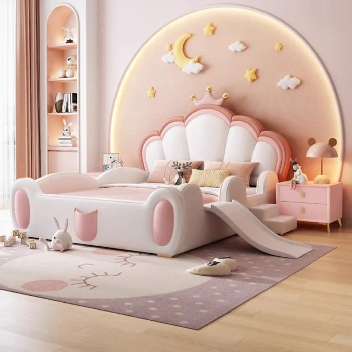A child's bed designed like a fairy house with intricate wooden details and a canopy.