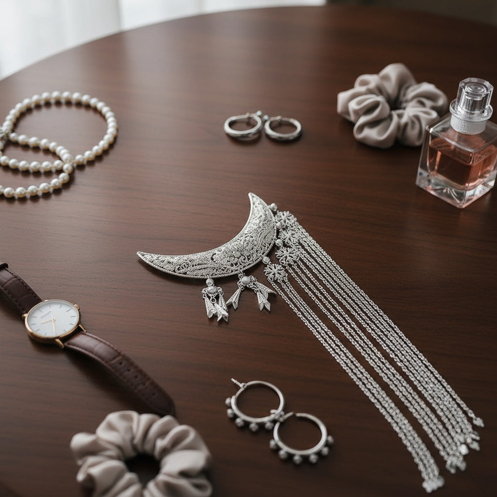 Close-up detail of the polished zinc alloy on the moon hair clip