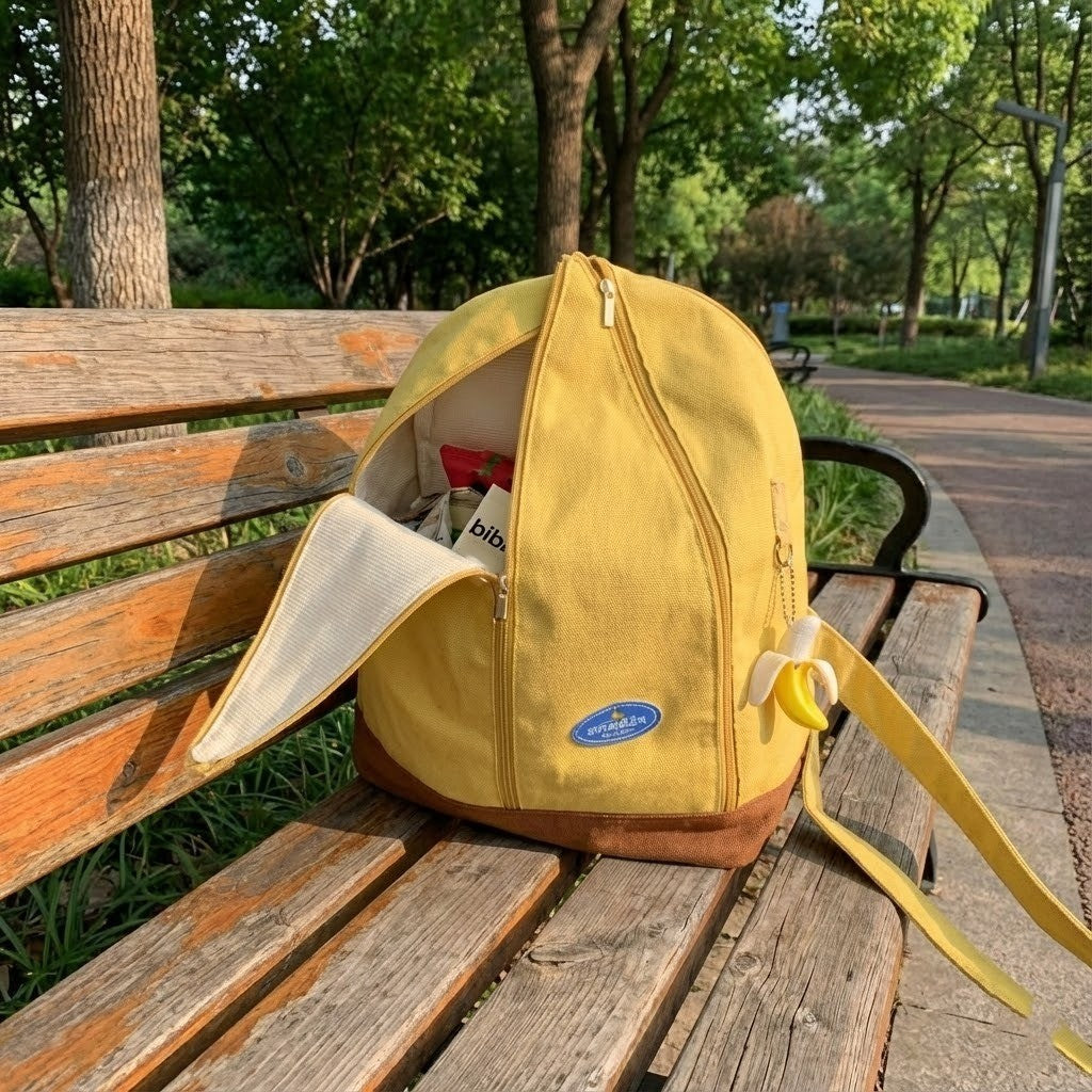 Unisex banana backpack shown in a lifestyle setting